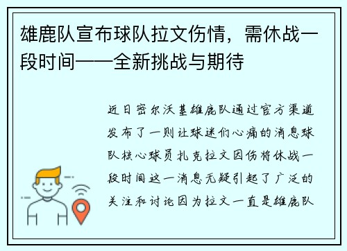 雄鹿队宣布球队拉文伤情，需休战一段时间——全新挑战与期待