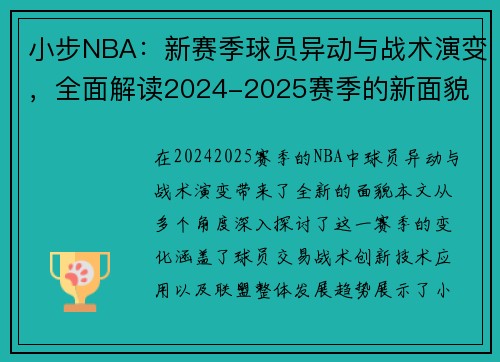 小步NBA：新赛季球员异动与战术演变，全面解读2024-2025赛季的新面貌